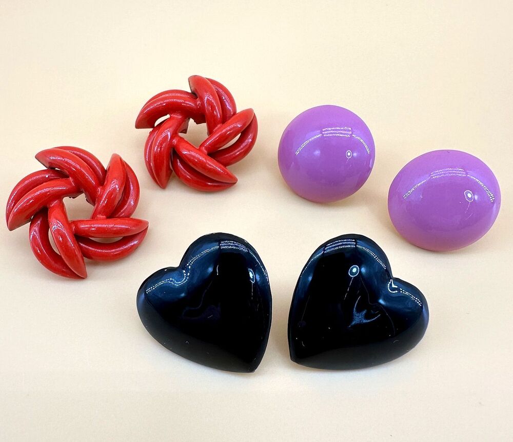Vintage Earrings Lot 1980s Enamel Metal Black Hearts Pink Balls Red Pinwheels